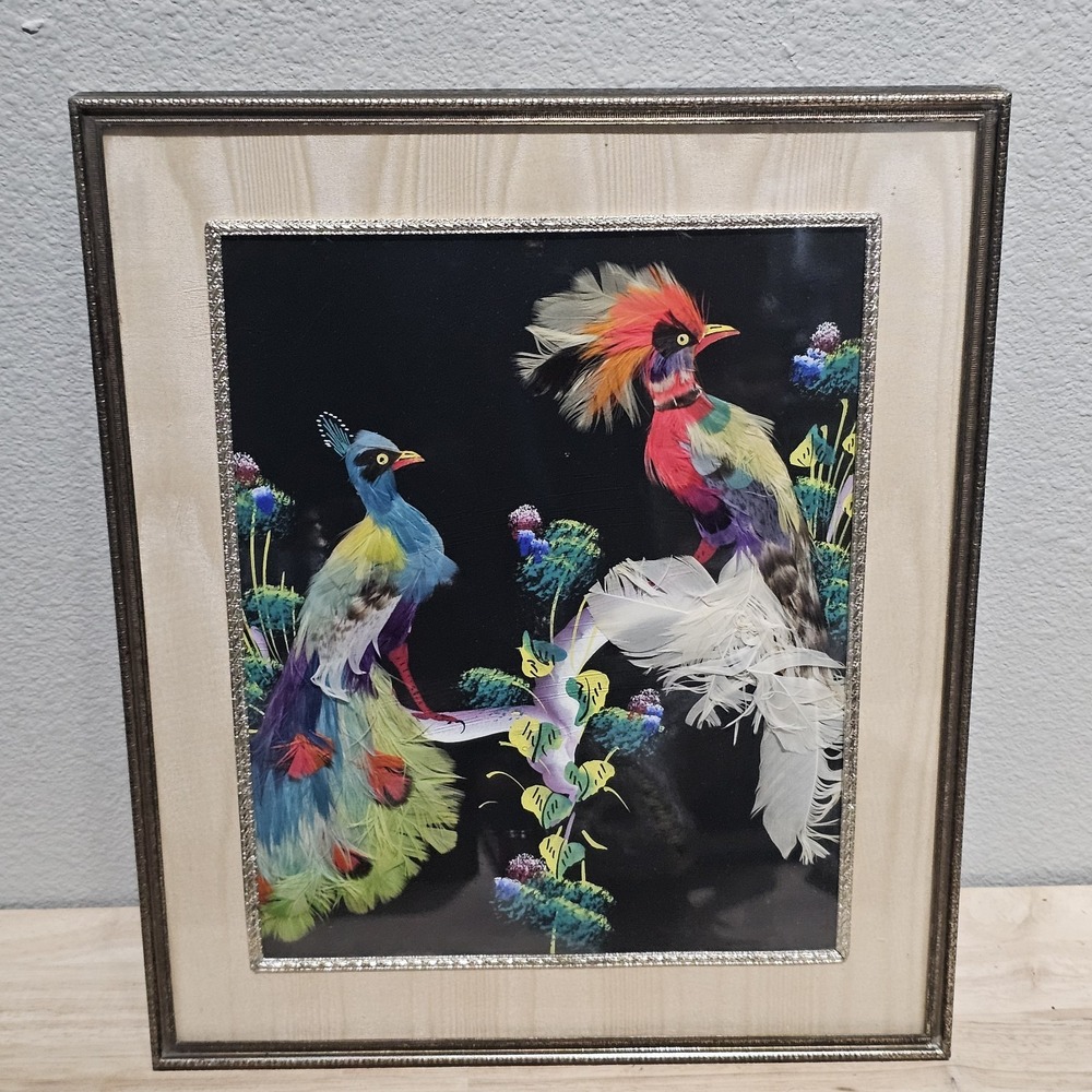 Mid Century Mexican Feathercraft Art Plumeria Exotic Birds Painting Framed